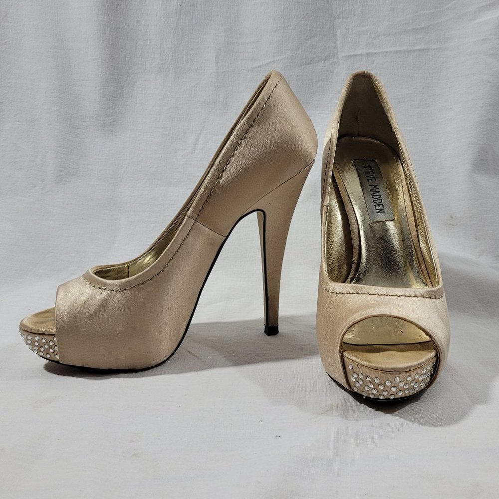 Steve Madden Blush/Nude/Champagne Satin Platform Stilettos with Rhinestone Toes